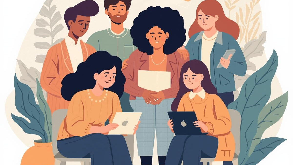 A diverse group of people of varying ethnicities and genders collaboratively working with laptops and tablets, surrounded by plants. This image symbolizes digital accessibility, inclusivity, and teamwork for the Elysia Accessibility Statement.