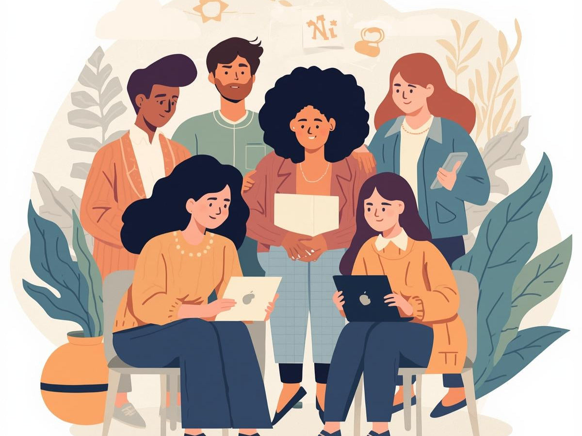 A diverse group of people of varying ethnicities and genders collaboratively working with laptops and tablets, surrounded by plants. This image symbolizes digital accessibility, inclusivity, and teamwork for the Elysia Accessibility Statement.